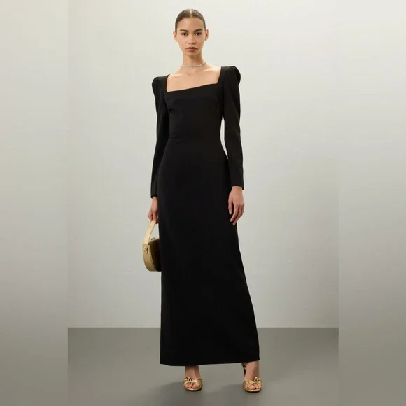 Badgley Mischka Black Puff Long Sleeve Square Neck Maxi Dress - Picture 1 of 9